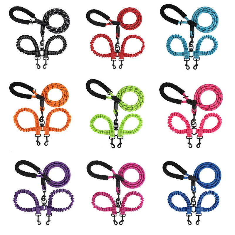 Double Dog Leash Coupler with Elastic Rope for Two Dogs