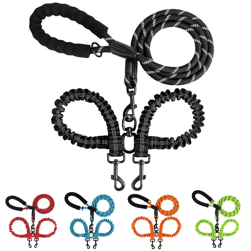 Double Dog Leash Coupler with Elastic Rope for Two Dogs