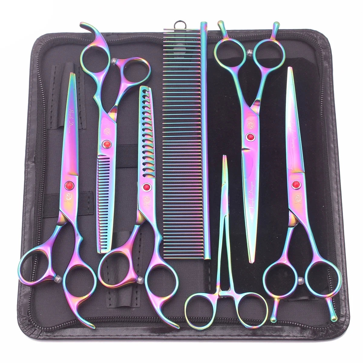 Purple Dragon 7" & 6.5" Pet Grooming Scissors Kit – Curved, Thinning & Straight