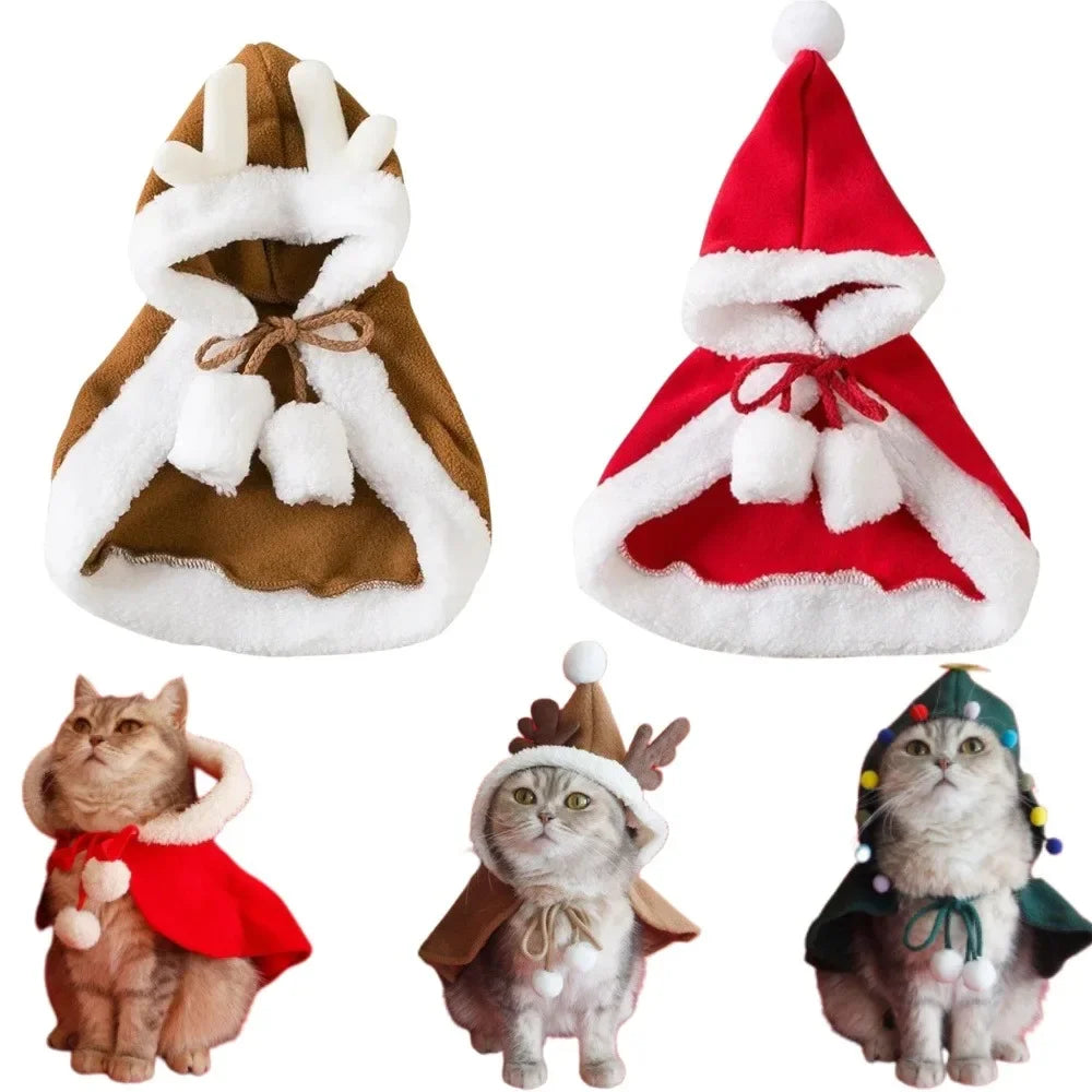 Funny Cat Christmas Santa Costume Cape with Hat