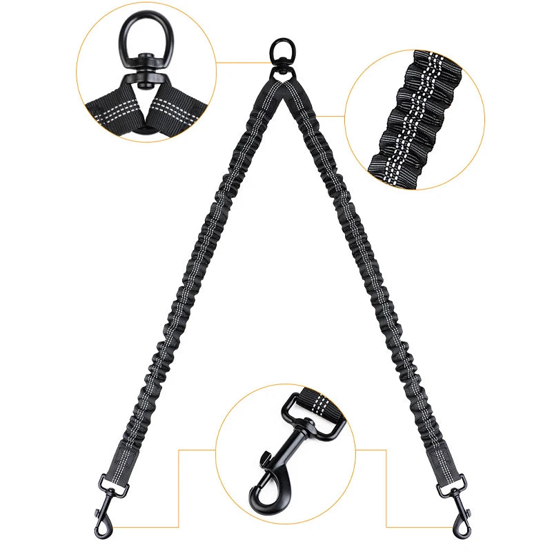 Double Dog Leash Coupler with Elastic Rope for Two Dogs