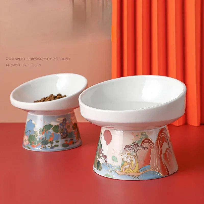 Raised Ceramic Pet Bowl with Mat for Cats & Dogs (2 Sizes)