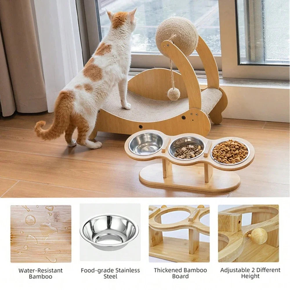 3-in-1 Raised Cat & Puppy Feeder with Stainless Steel Bowls